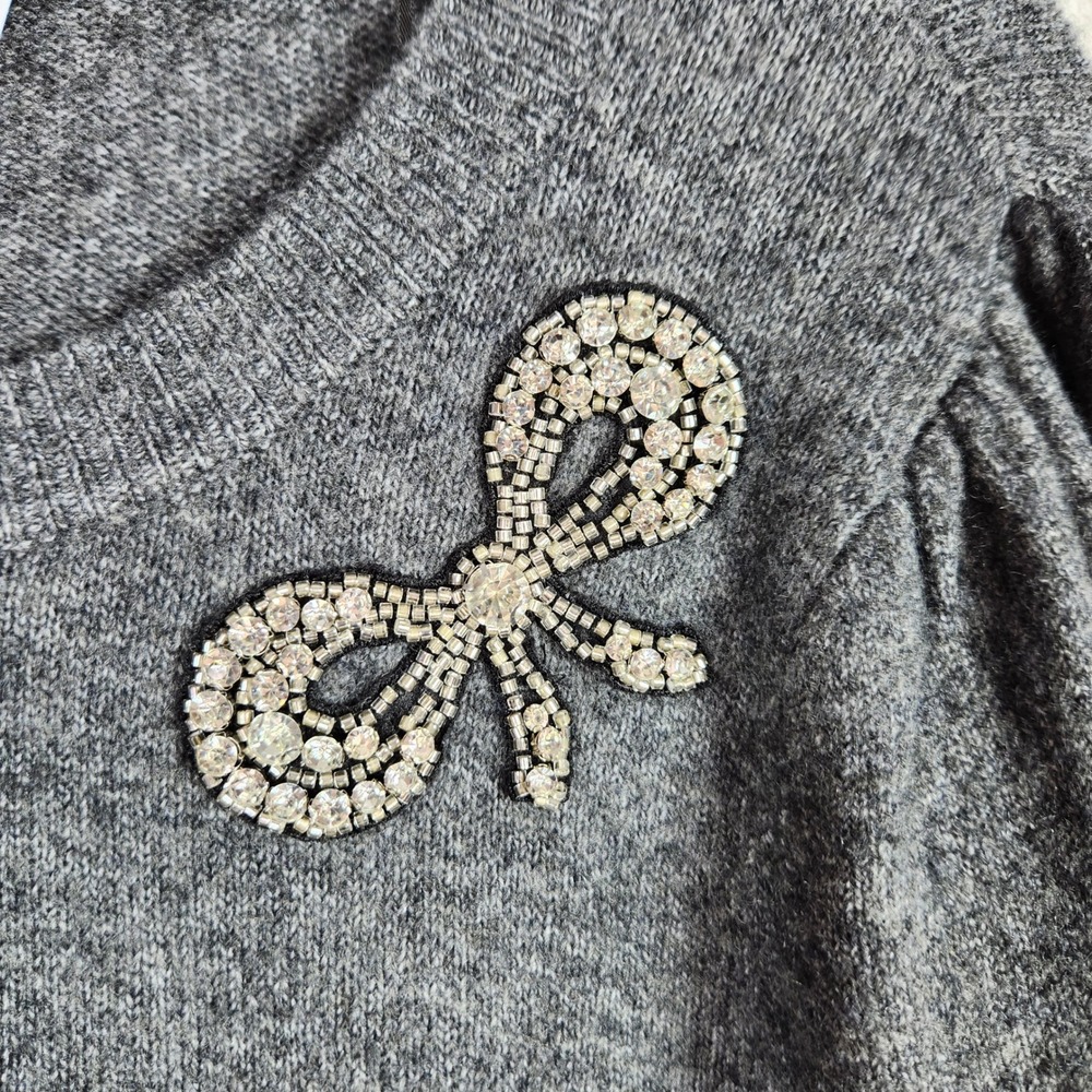 CeCe Bow Embellished Sweater Womens 2X Grey Rhinestone Puff Sleeve Coquette - Picture 7 of 9
